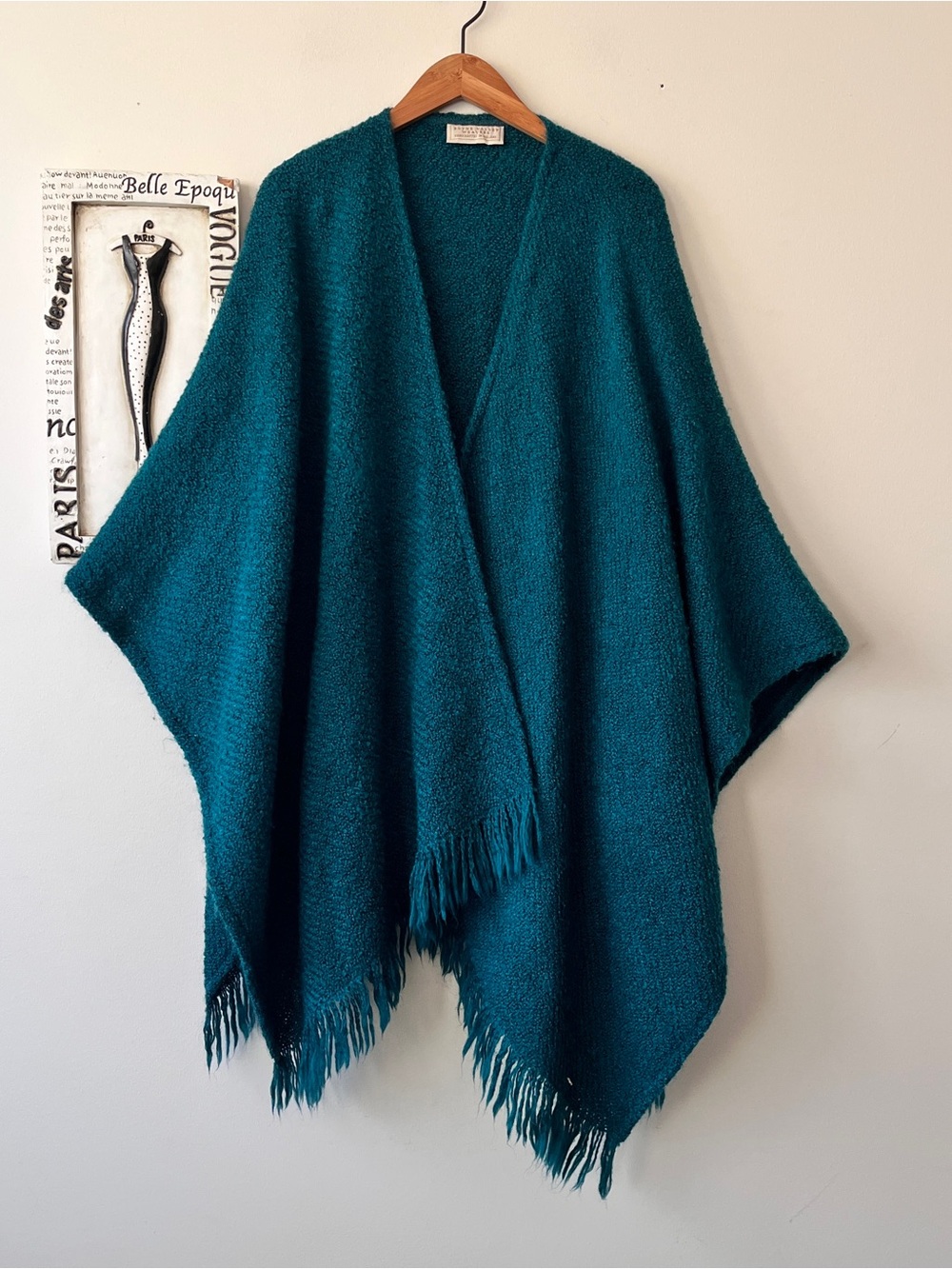 Boyne Valley Weavers Teal Wool Fringed Wrap Poncho Cardigan